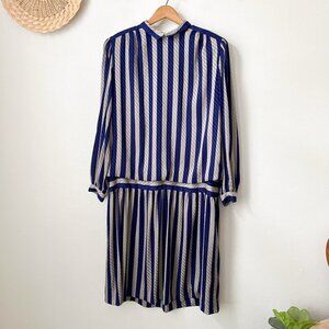 Vtg Liz Claiborne blue silver striped blouson drop waist modest dress 10‎ silky
